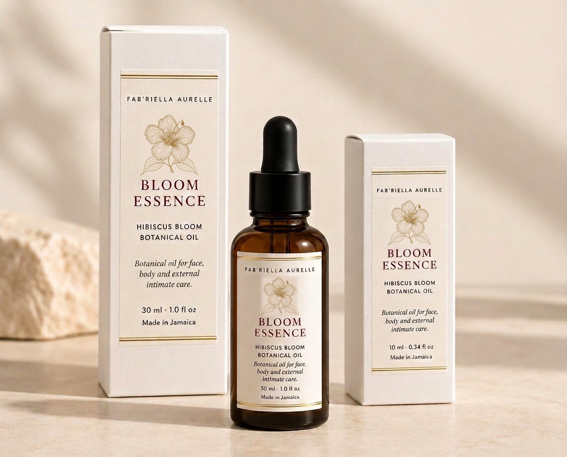 Hibiscus Bloom Botanical Oil in its matte-white 10 ml and 30 ml cartons